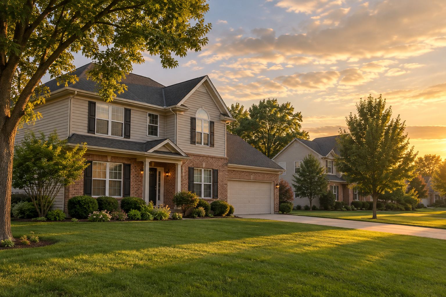 A brick Des Moines metro home with a tree lined yard, illustrative