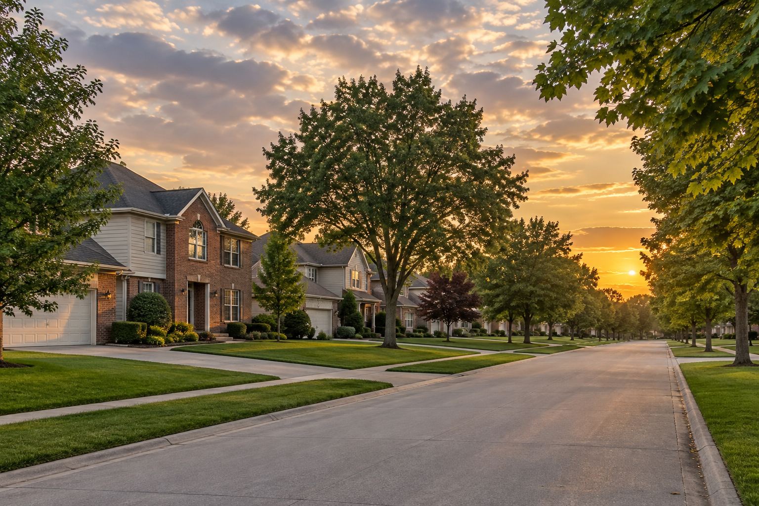 A West Des Moines residential street at sunset, illustrative
