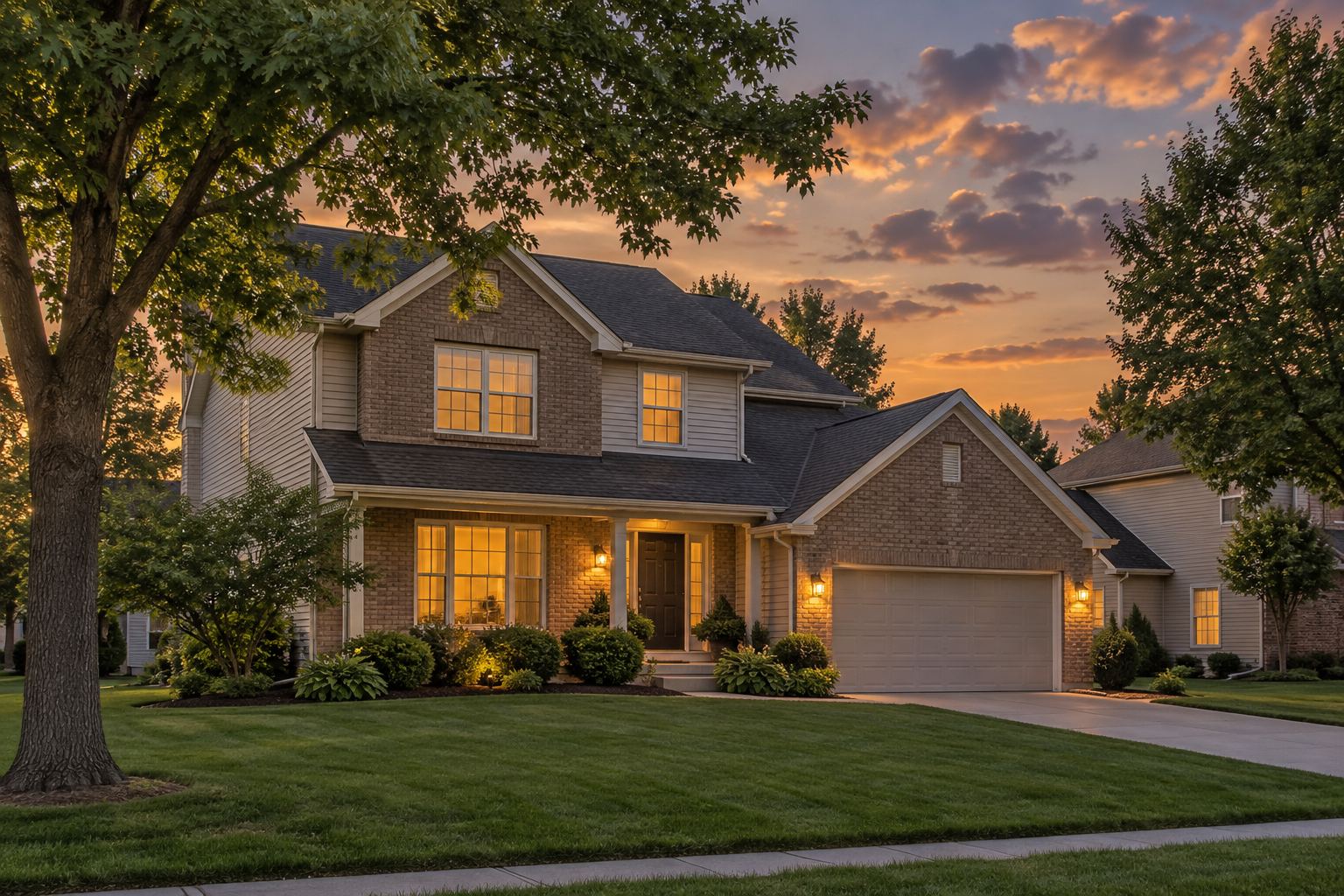 A the Des Moines metro home at dusk, illustrative