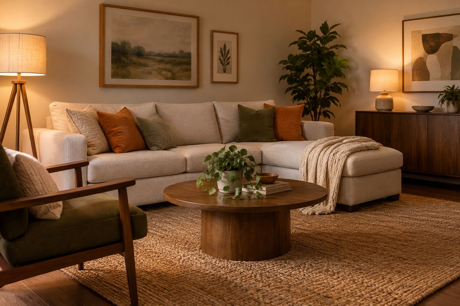 A cozy West Des Moines living room, illustrative