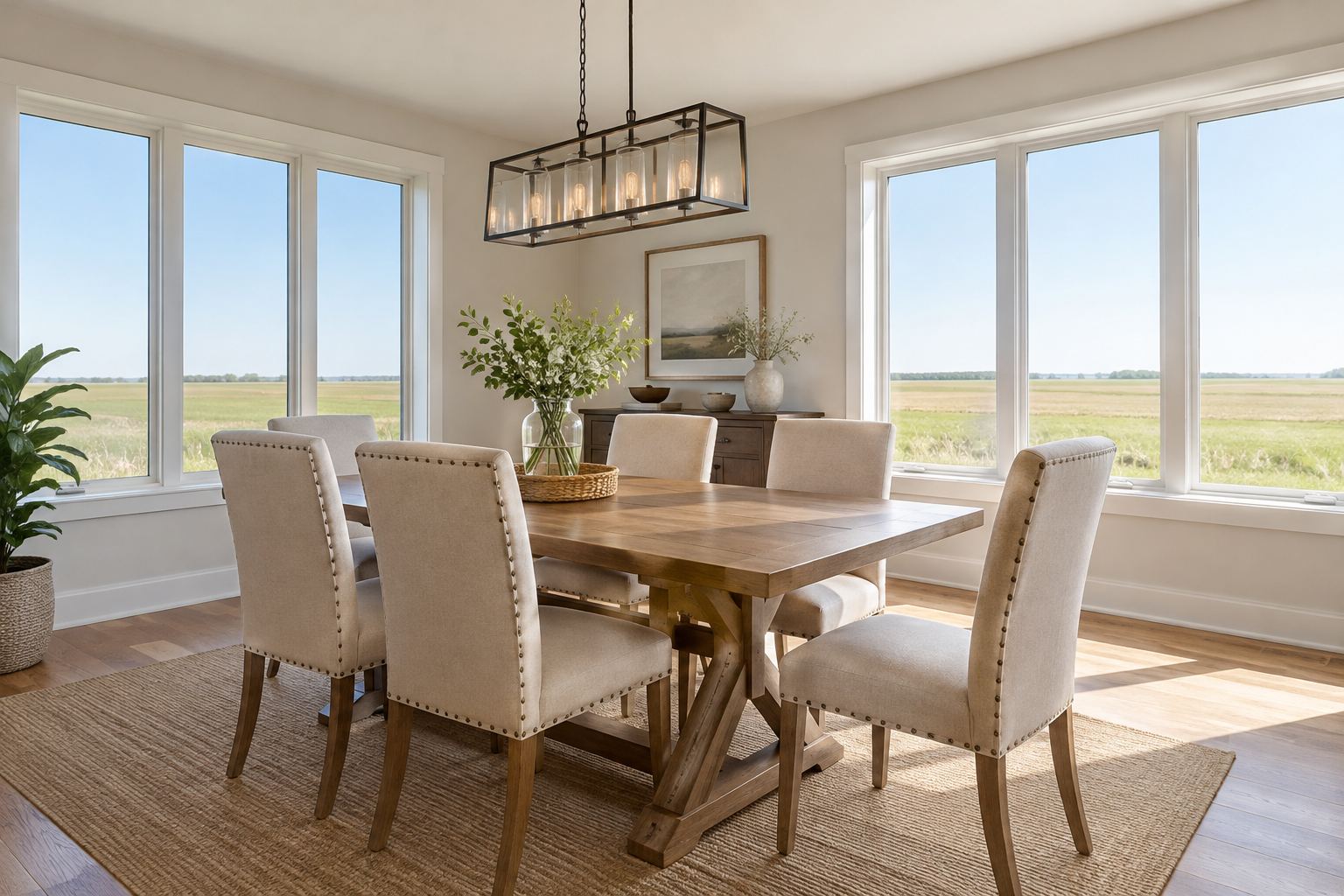 A bright dining room, illustrative